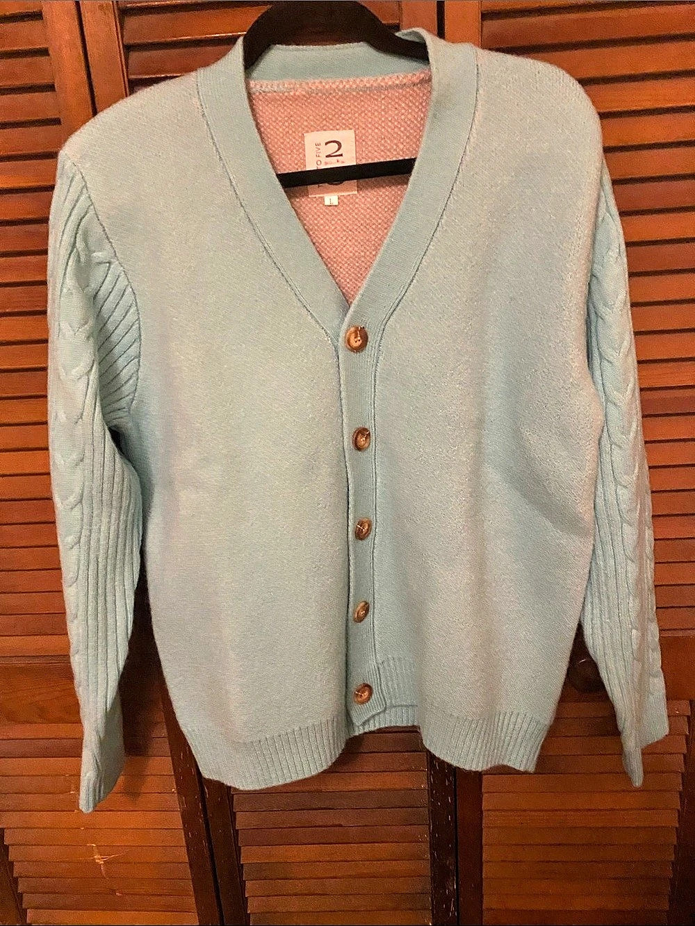 Two to Five Graphic Knit Cardigan in Green & Pink Large Like New